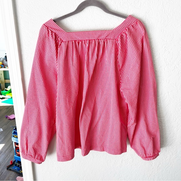 J. Crew Top Women's XL Red Square Neck Knit Seersucker Preppy Coastal AW133 - Picture 2 of 8